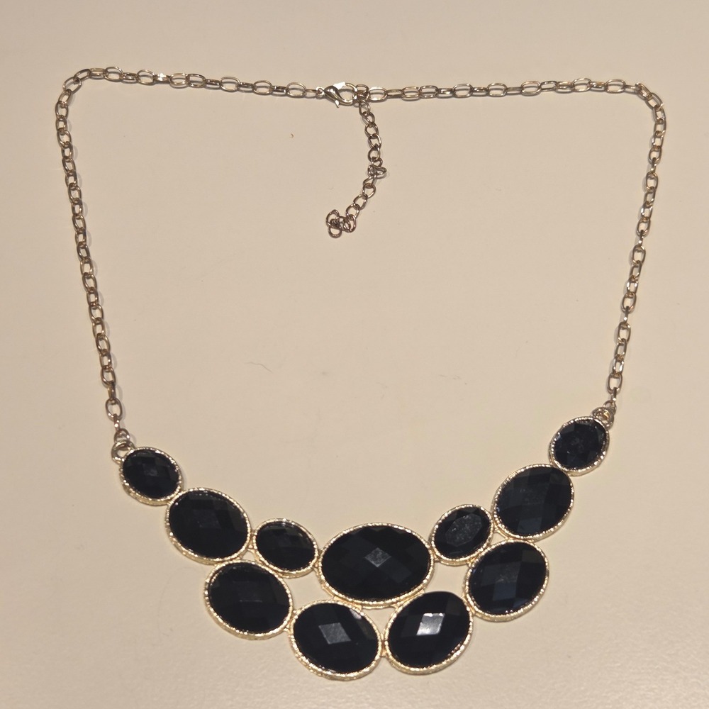 Gold Tone Black Oval‎ Gem Statement Necklace Women Occasion Fashion Jewelry